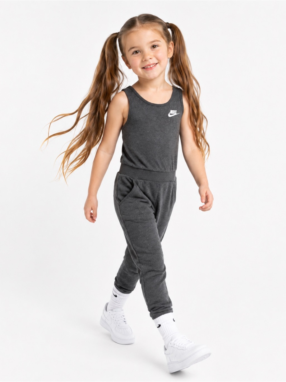 Nike Girls Gray Sleeveless Jogger Jumpsuit Romper Swoosh Pockets Size 6